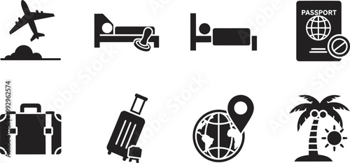 Black silhouette travel icons set airplane hotel suitcase palm tree and global destinations