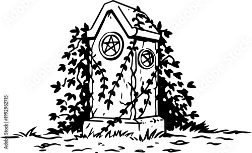 Vintage Grave Marker Surrounded by Creeping Ivy and Nature Elements