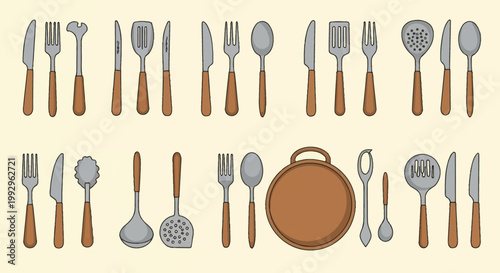 Set of flat vector kitchen utensils and cutlery featuring various knives, forks, spoons, spatulas, skimmers, a ladle, and serving tools with wooden handles and metal heads.