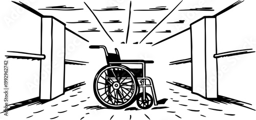 Empty wheelchair in a spacious corridor with linear perspective