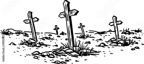 Weathered Crosses Marking Forgotten Graves in a Barren Landscape