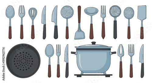 Comprehensive vector illustration of kitchen utensils and cookware set on a white background, featuring spoons, forks, knives, skimmers, spatulas, a large stockpot, and a perforated pan.