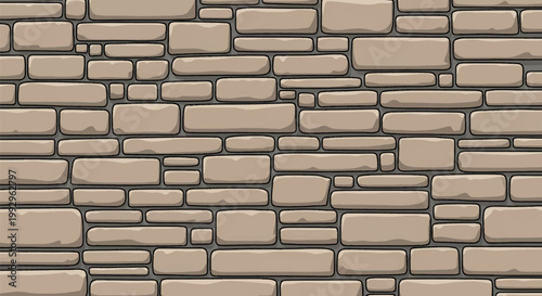 Vector illustration of a beige stone wall featuring irregular rectangular blocks with rounded corners. The masonry pattern includes various sized tan stones with dark outlines.