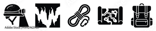 Caving and adventure exploration equipment and symbols for outdoor activities and travel marketing