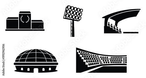 Icons of sports podium, stadium, floodlight, and arena for event and competition graphics