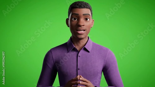 A simple and clean 3D animated male avatar in a purple shirt, presented on a green screen background. Great for presentations, explainer videos, or corporate animations.
