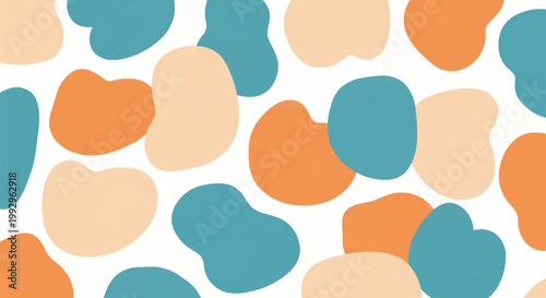 Minimalist abstract background with hand-drawn organic rounded shapes in teal, burnt orange, and beige scattered on white. Modern fluid blob pattern design and artistic layout.