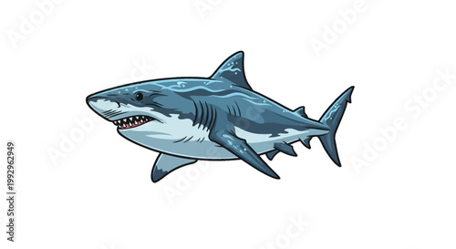 Stylized vector illustration of a great white shark isolated on a white background, featuring a side profile with an open mouth, sharp teeth, gills, and detailed fin structures.
