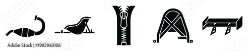 Set of black silhouettes including motorcycle exhaust infant bouncer zipper and car spoiler for graphic projects