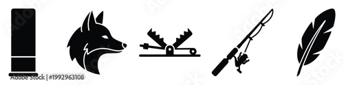 Collection of outdoor recreation and survival equipment icons for hunting fishing and nature exploration projects