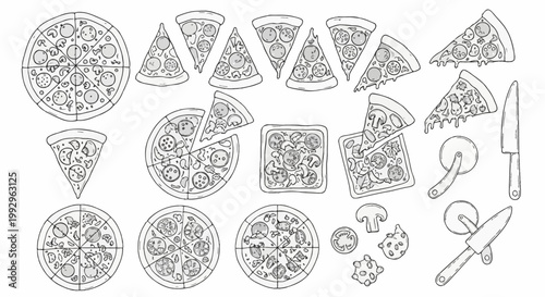 Hand-drawn pizza doodle set featuring whole round pizzas, square slices, triangular slices with various toppings like pepperoni and mushrooms, a pizza cutter, and kitchen knife tools.