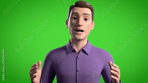A simple and clean 3D animated male avatar in a purple shirt, presented on a green screen background. Great for presentations, explainer videos, or corporate animations.