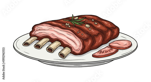 Hand-drawn vector illustration of roasted BBQ pork ribs with exposed bones on a white plate, garnished with rosemary and garlic, served with tomato slices, isolated on white.