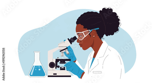 Flat vector illustration of a Black female scientist wearing a white lab coat and safety goggles looking through a microscope in a medical laboratory next to an Erlenmeyer flask.