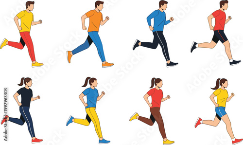 Running people vector set in flat style, men and women jogging characters collection for fitness, sport, healthy lifestyle and workout design