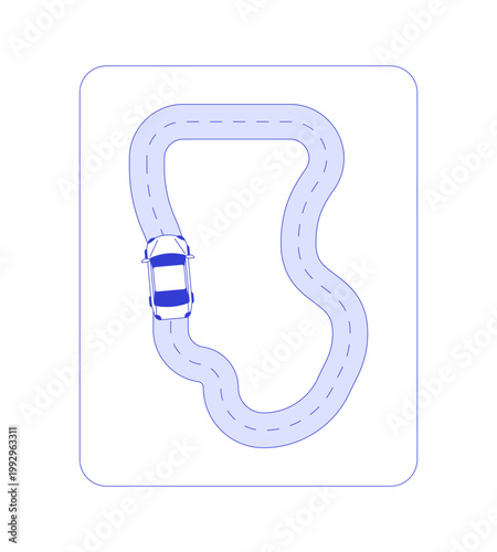 Driving route line style dashboard element. Top view of car moving along winding road path. Auto journey. Blue monochromatic UI component. Data visualization. Web and app interface. Visual indicator