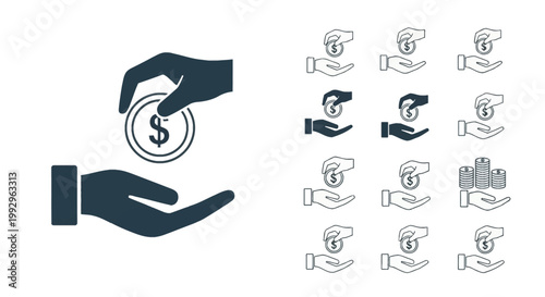 Vector icon set featuring hands giving and receiving dollar coins, including various line weights and styles like solid, outline, and stacked coins for finance and donation.