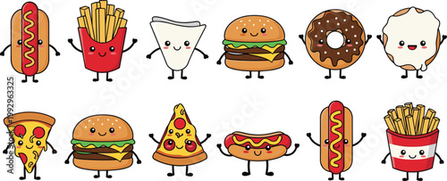 Cute Fast Food Icon Set with Hot Dog, Fries, Pizza, Burger, Donut, and More for Fun, Food, and Cartoon D