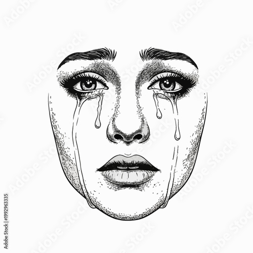 Black and white stippled illustration of a crying woman's face featuring teardrops and smeared mascara, detailed engraving style portrait on an isolated white background.