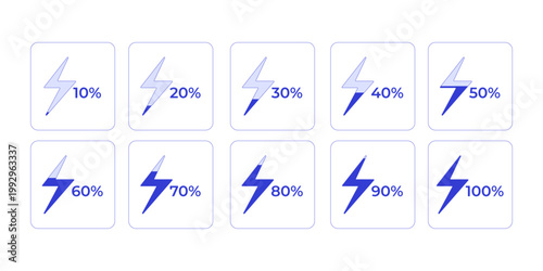 Energy lightning bolt charge line style dashboard element set. Power increase. Electricity usage. Blue monochromatic UI components. Data visualization. Web and app interface. Visual indicator pack