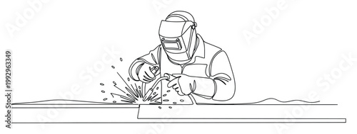 Continuous line drawing of a metalworker in safety gear operating a welding torch with bright sparks for engineering services