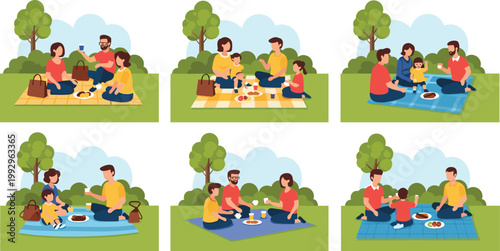 Family and Friends Picnic Scene Illustration Set with Outdoor Park Activities, Food Sharing, Leisure Gathering, and Social Lifestyle Moments in Flat Design Style