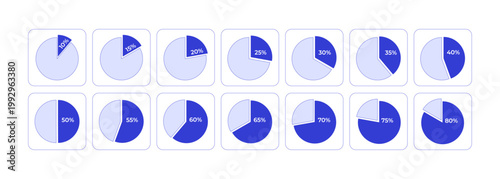 Segmented piechart percentage progress line style dashboard element set. Pie chart 10 to 80 percent. Blue monochromatic UI components. Data visualization. Web and app interface. Visual indicator pack