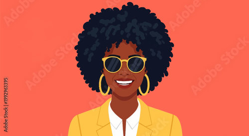 Flat vector illustration of a happy Black woman with an afro hairstyle, wearing yellow sunglasses, gold hoop earrings, and a yellow blazer against a solid orange background.