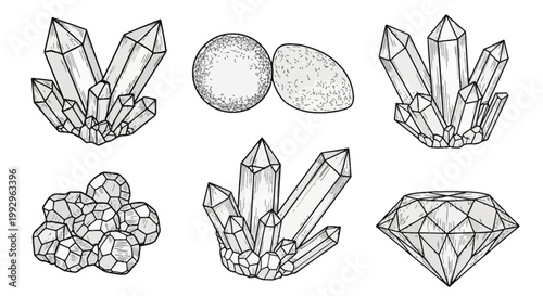 Collection of black and white hand-drawn crystal clusters, mineral gemstones, and faceted diamonds in a line art style, featuring quartz points, geode stones, and raw ore elements.
