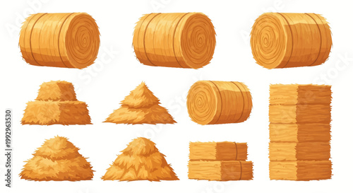 Set of hay bale vector illustrations featuring round bales, square bales tied with twine, loose straw piles, and triangular haystacks isolated on a plain white background.