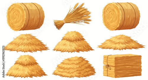 Set of vector illustrations featuring various hay storage types: round bales, rectangular straw stacks, loose haystacks, and a wheat sheaf bundle isolated on white background.