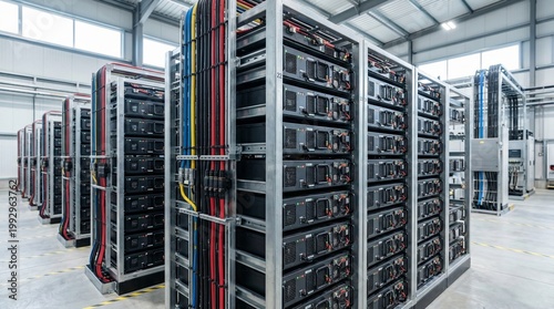 Rows of energy storage battery racks in a large industrial facility. Scalable power backup system for renewable energy grid stabilization. Modern infrastructure technology for electricity.