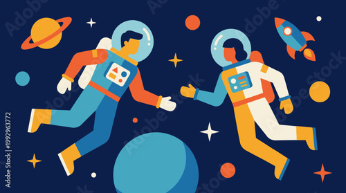 Astronauts floating in outer space together.