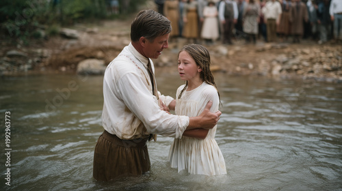 Rural Baptist church baptism in creek, pastor in waders guiding teenage girl beneath water surface, white robe billowing, congregation on muddy bank singing hymns, Appalachian faith community, outdo