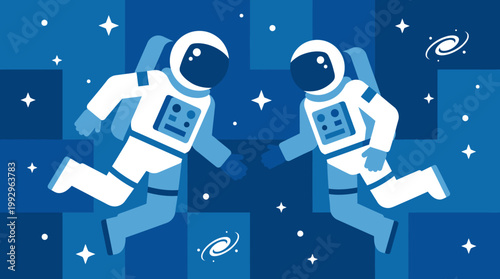 Two astronauts floating in deep space.