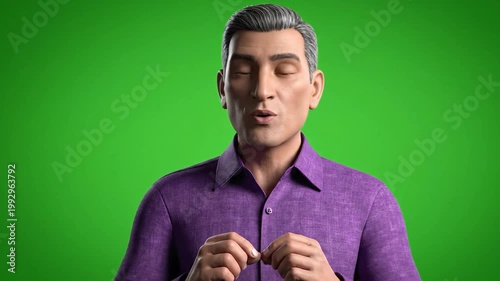 A simple and clean 3D animated male avatar in a purple shirt, presented on a green screen background. Great for presentations, explainer videos, or corporate animations.