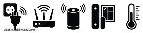 Essential smart home technology symbols including WiFi plug router speaker and security sensors for digital content