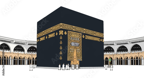 Vector illustration of the Holy Kaaba in Mecca, Saudi Arabia, showing the black Kiswah with gold calligraphy, the golden door, and pilgrims in white ihram at the Masjid al-Haram mosque.