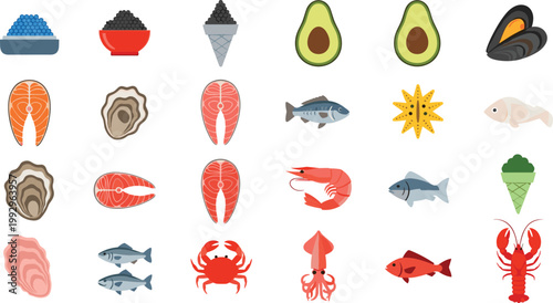 Seafood collection vector set in flat style, fresh fish, shellfish and ocean food icons for restaurant menu, cooking and healthy nutrition design