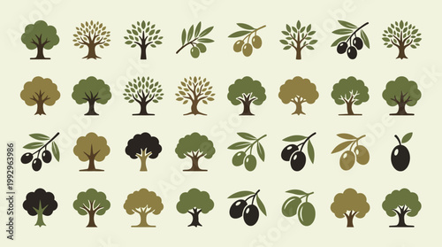 Collection of various tree and olive icons in different shades of green.