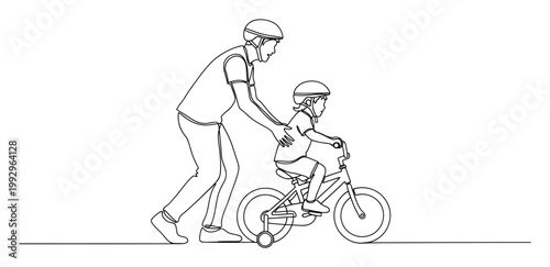 Adult teaching child to ride bicycle with training wheels, continuous line drawing for family, learning, and growth concepts.