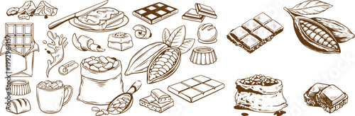 Hand Drawn Chocolate Dessert Set with Cocoa Beans, Candy Bars, Pralines and Engraved Style Sweet Food Vector Collection