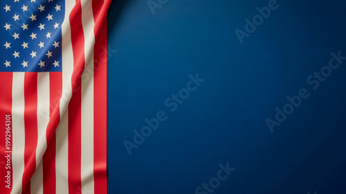 The American flag is draped on a dark blue background providing copy space for text