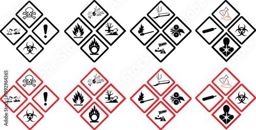 GHS pictograms. Warning Hazard Hazardous Danger Dangerous Icon set. Explosive Flammable Oxidizing Compressed Gas Corrosive Toxic Harmful Corrosive Environmentally Unsafe Vector Symbols.