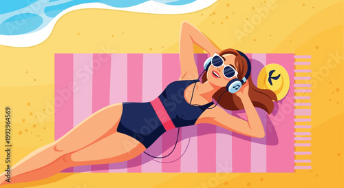 Brunette girl listening to music on pink striped towel drawing concept