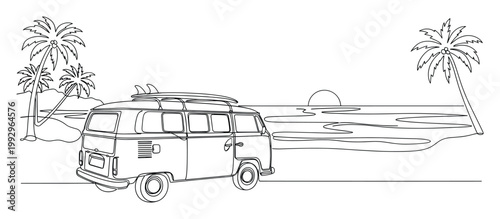 Continuous line sketch of a vintage camper van with surfboards on the roof parked by a beach with palm trees and ocean sunset, ideal for travel and adventure related projects.
