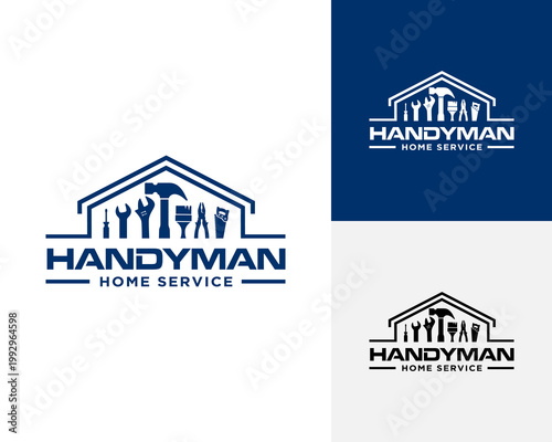Handyman Home Service Logo design vector With Tools Silhouette, House Roof Emblem and Professional Repair Branding