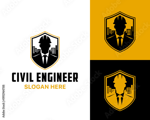 Civil Engineer Logo design vector Emblem With Hard Hat Shield, Construction Building Icon For Architecture Firms