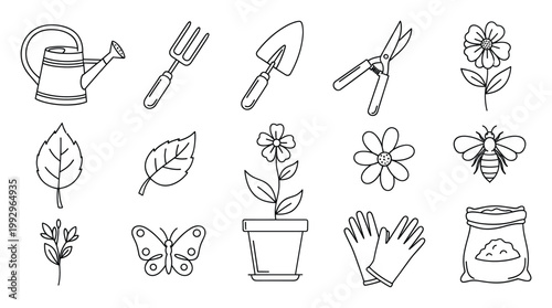 Collection of essential gardening tools plants and nature elements in a simple outline style for spring themes