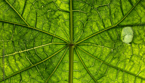 Close-up of Vibrant Green Leaf Veins with Water Droplet Highlight Detailed Foliage Texture and Backlit Natural Pattern